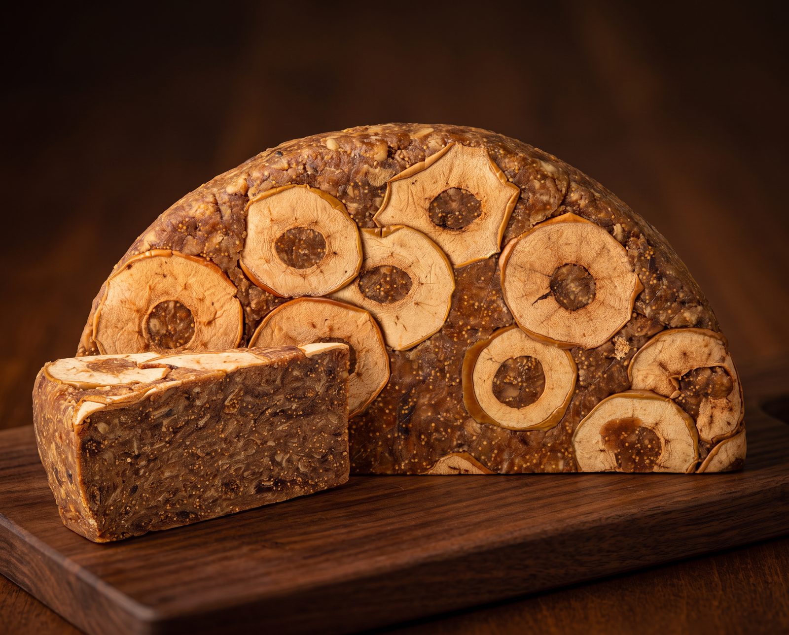 Vijgenbrood met appel en kaneel op een houten plank