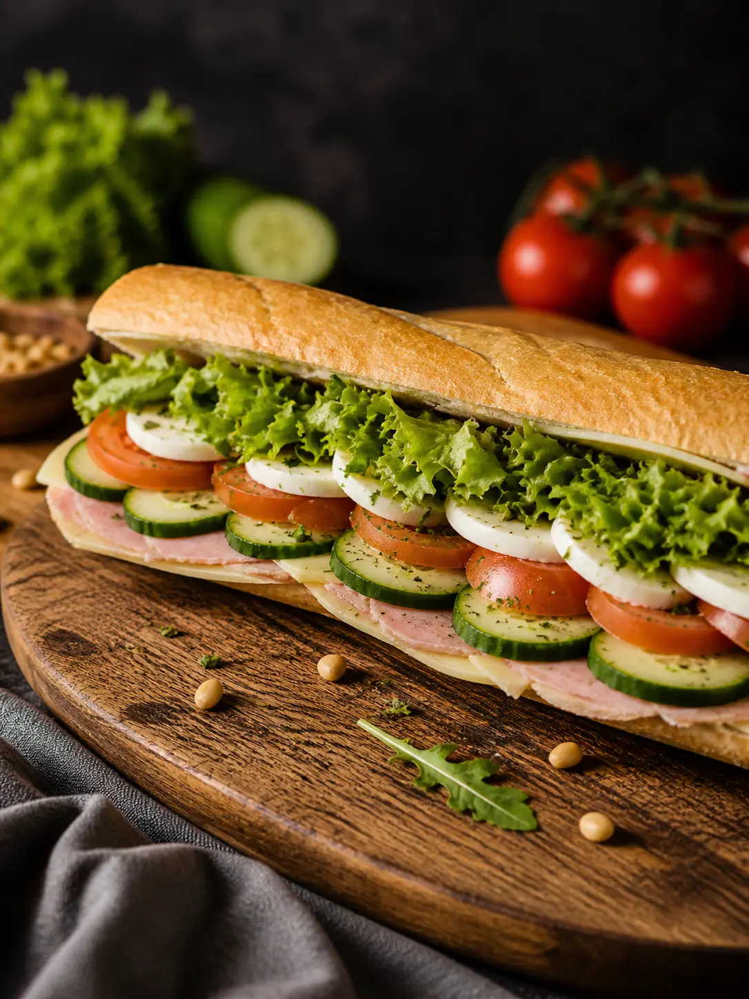 Belegd stokbrood met kaas, tomaat, komkommer en groen beleg