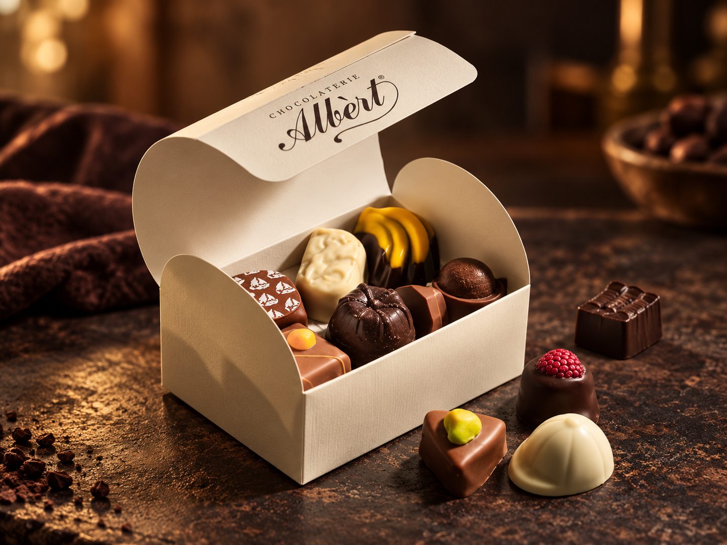 Open doosje Albért-bonbons met een rij bonbons en de deksel met de tekst CHOCOLATERIE Albert