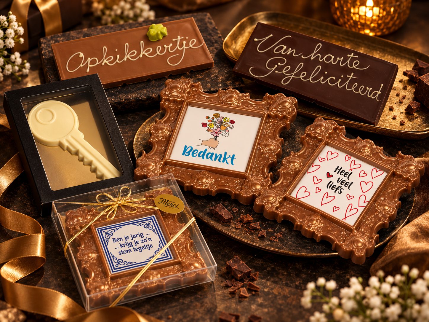 Chocoladecadeaus met persoonlijke boodschappen, chocoladeschilderijtjes en een witte chocoladesleutel