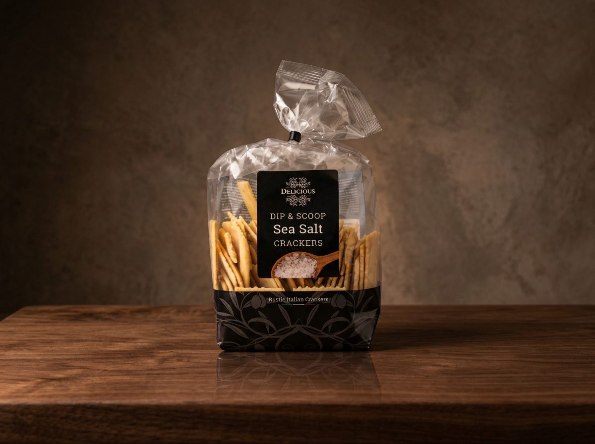 Delicious Dip & Scoop zeezout, 200 gram, op een houten plank