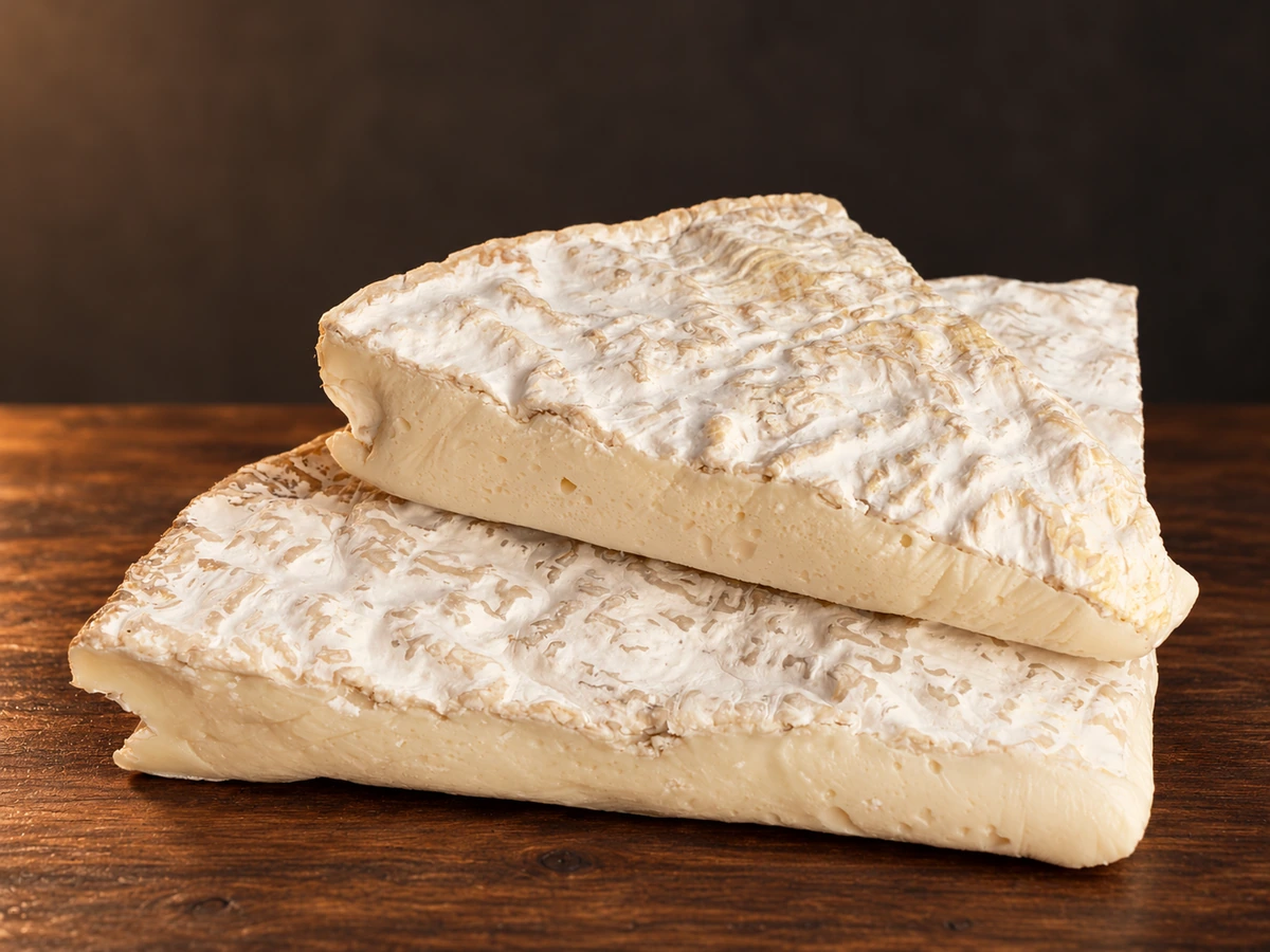 Brie de Meaux op een donkere houten plank met warme achtergrond