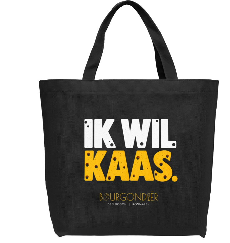 Zwarte Bourgondiër-kaastas met de tekst Ik wil kaas
