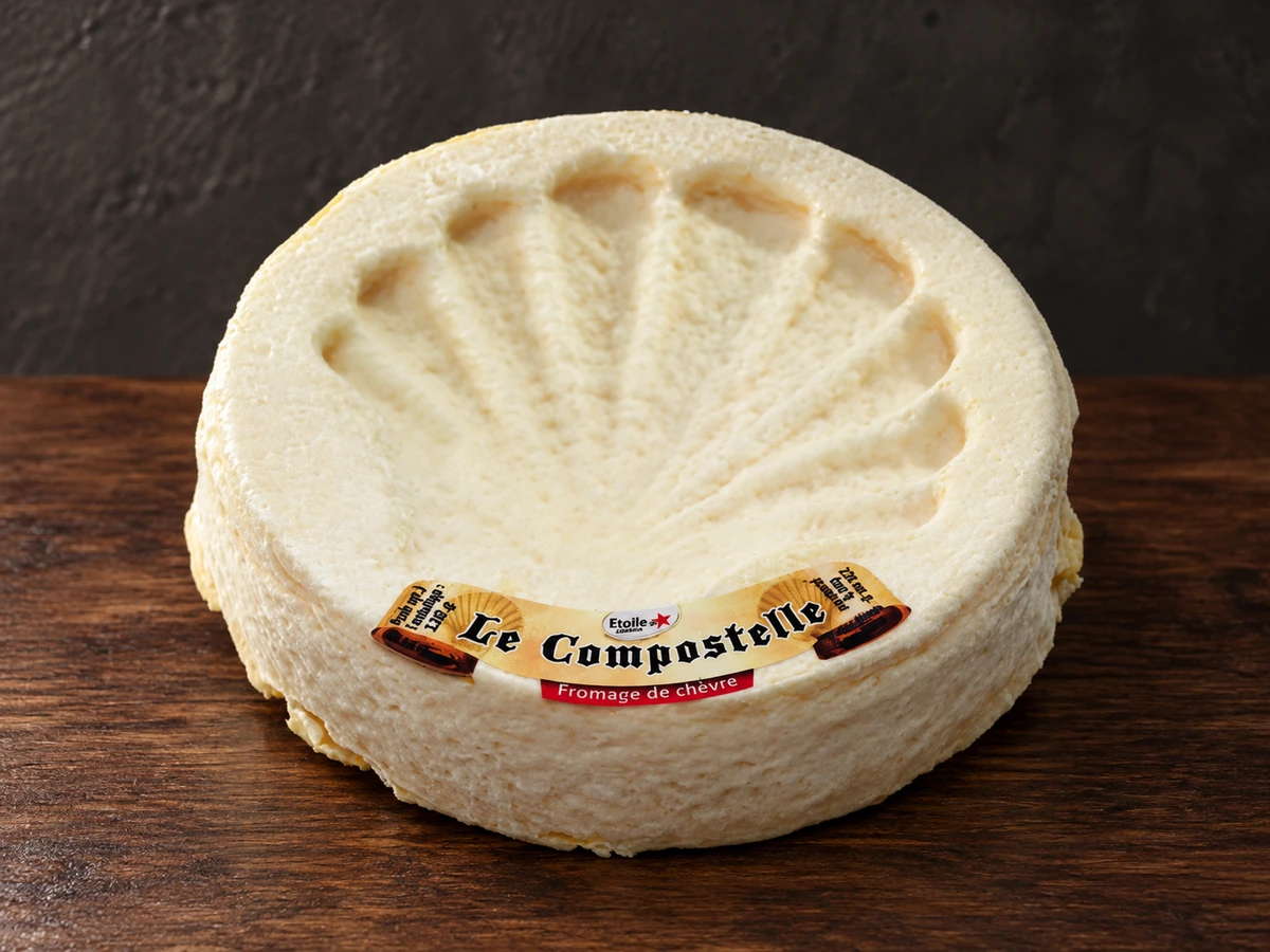 Le Compostelle, een zacht geitenkaasje in de vorm van een sint-jakobsschelp, op een donkere plank.
