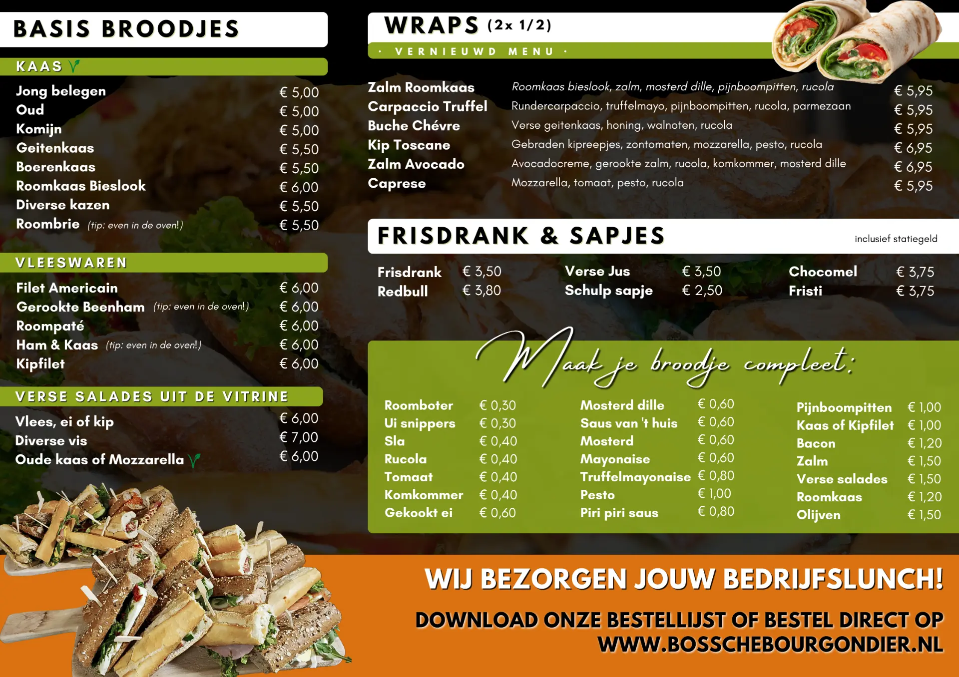 Lunchmenu: kaasbroodjes, verse salades, vleeswaren, wraps en dranken