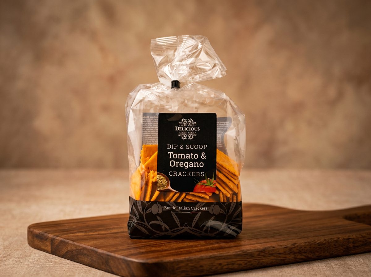 Delicious Dip & Scoop tomaat en oregano, 200 gram, op een houten plank