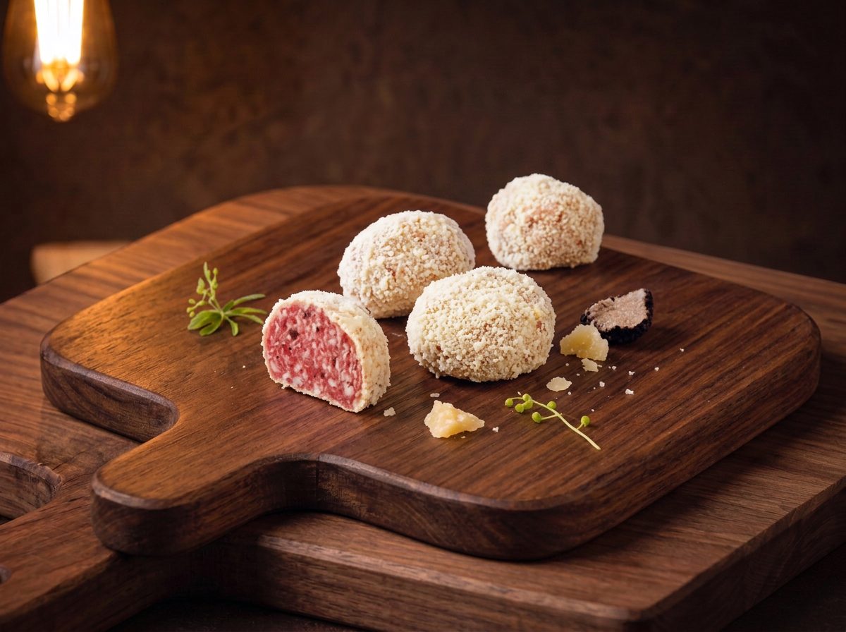 Saltufo: truffelsalami-balletjes omhuld met Parmigiano Reggiano op een houten plank