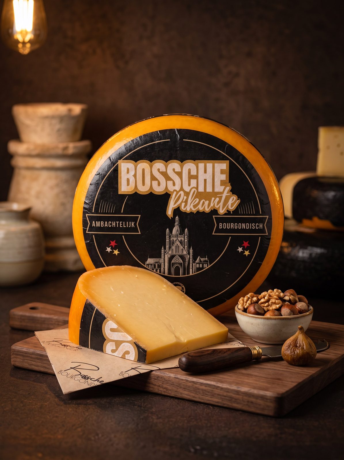 Bossche Pikant, onze eigen kaas, op een houten plank met nootjes en een kaasmes