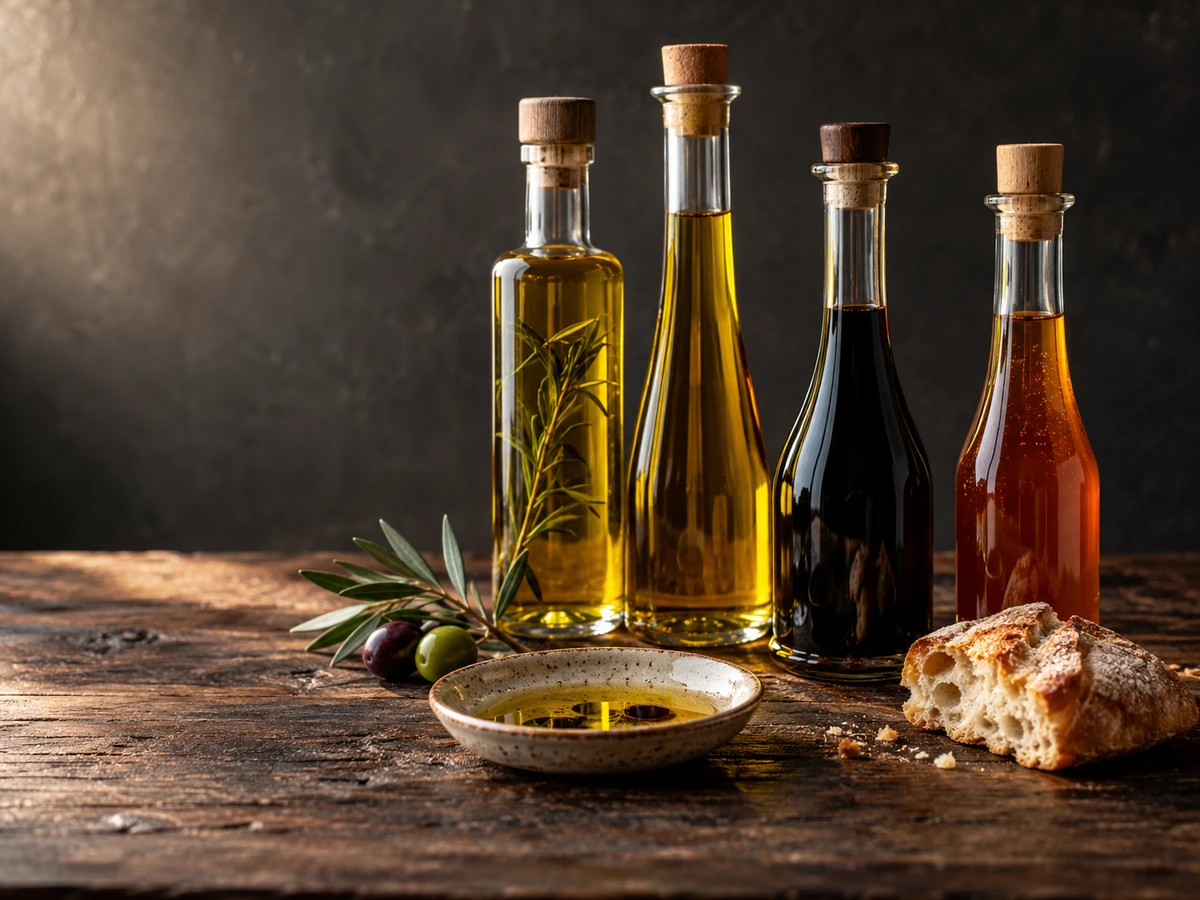 Olie, balsamico en crema op een donkere houten tafel