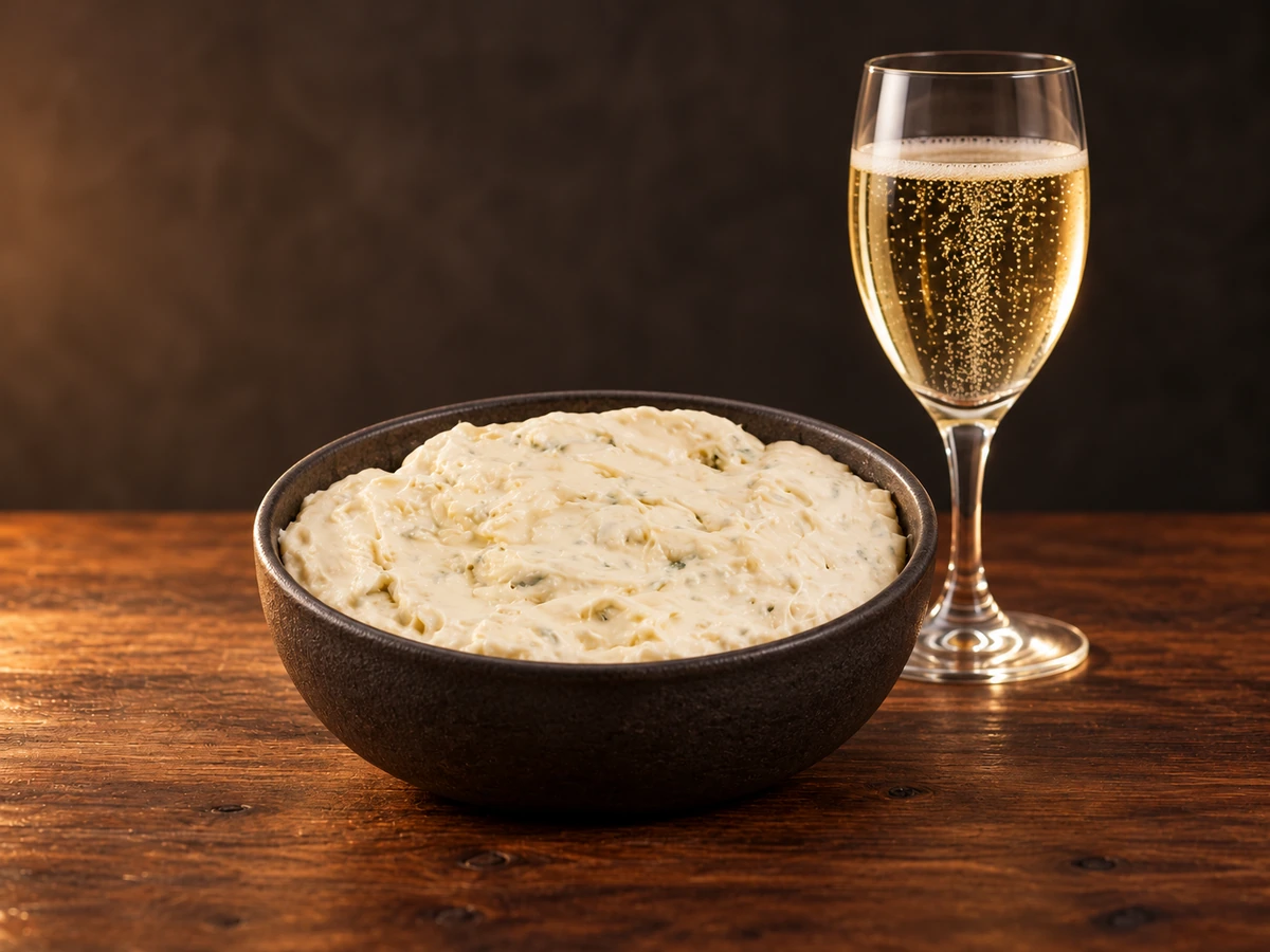 Een ronde schaal gevuld met Gorgonzola crème, smeuïg van textuur en doorspekt met blauwgroene schimmelvlekken, op een houten ondergrond.