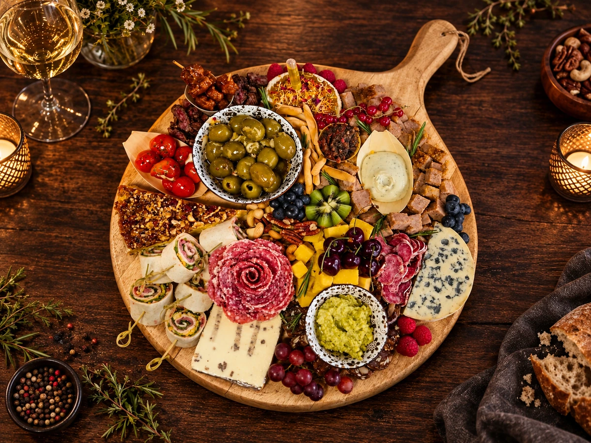 Voorbeeld van een rijkgevulde borrelplank met kaas, vleeswaren, olijven en dips.