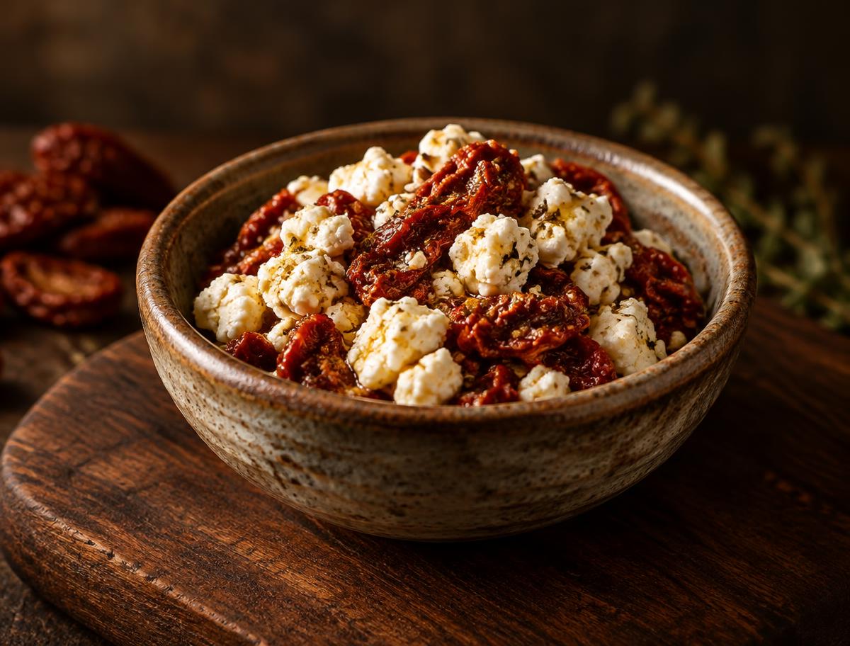 Feta-tomatentapenade in een schaaltje op een houten plank