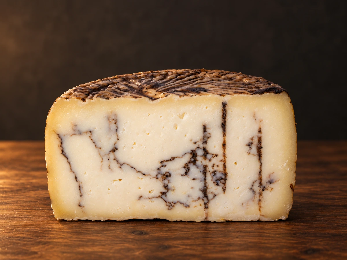 Moliterno al Tartufo op een donkere houten plank met warme achtergrond