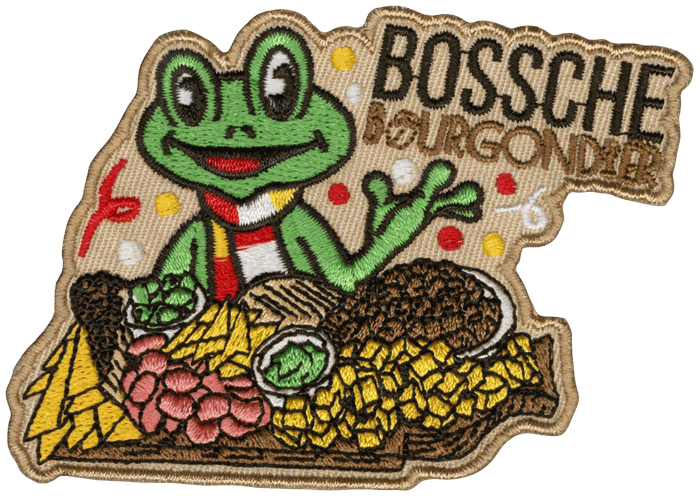 Ons eigen geborduurde embleem: een groene kikker met een borrelplank en de tekst Molensche Bourgondiër