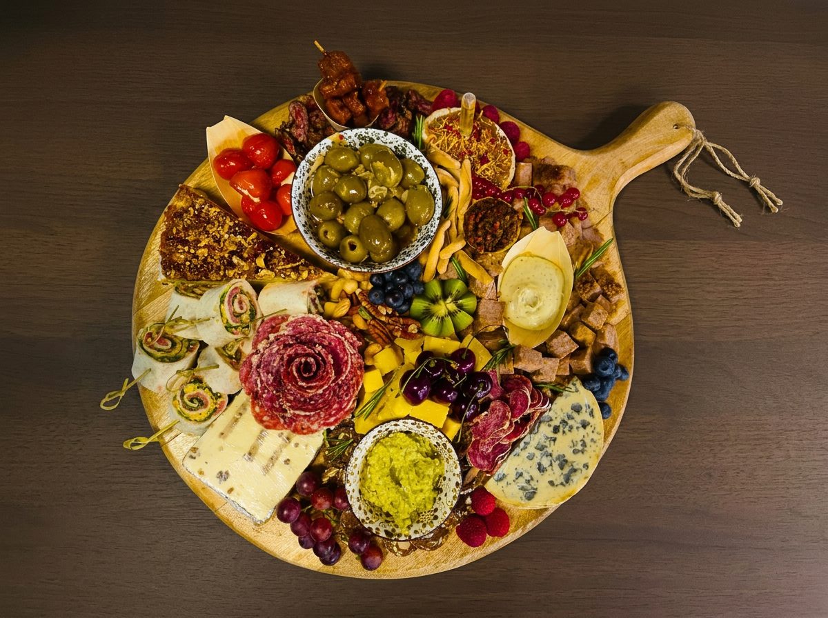 Onze ronde Extra Deluxe borrelplank met wraps, salami-roos, fruit en kazen op een houten tafel